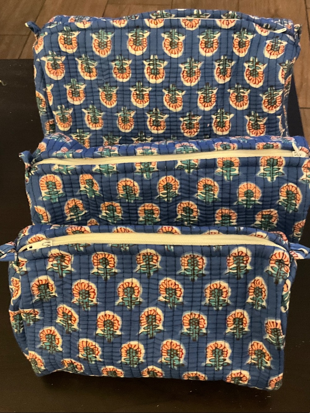 Raj Kantha Quilted Cotton Floral Print Cosmetic Pouch Set of 3 blue